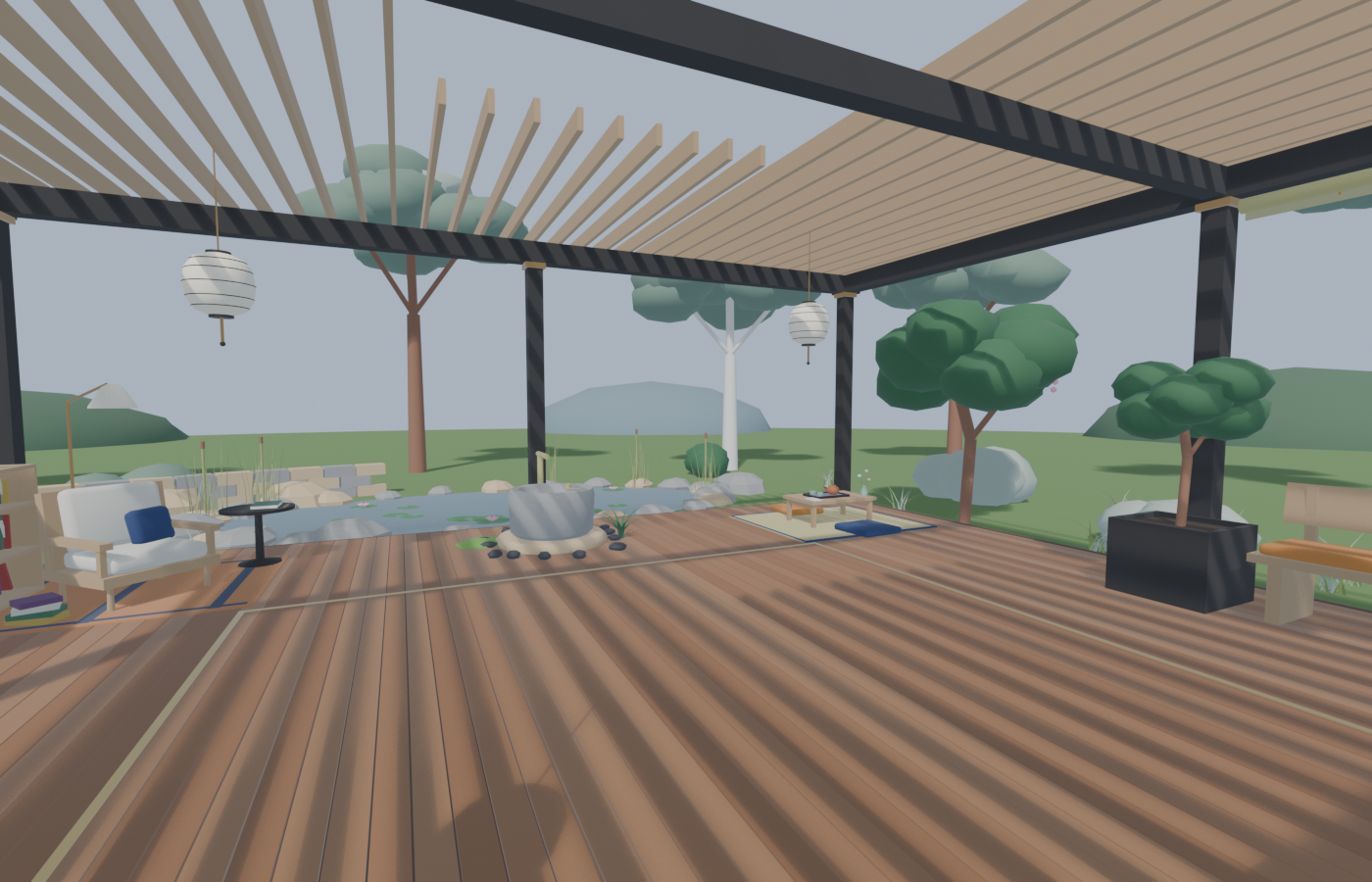 Inside a timber pavilion under a slatted roof: an armchair and bookshelf on the left, a stone water basin by a lily pond ahead, a low tea table on a tatami mat, and a planted bench on the right, with gum trees beyond.