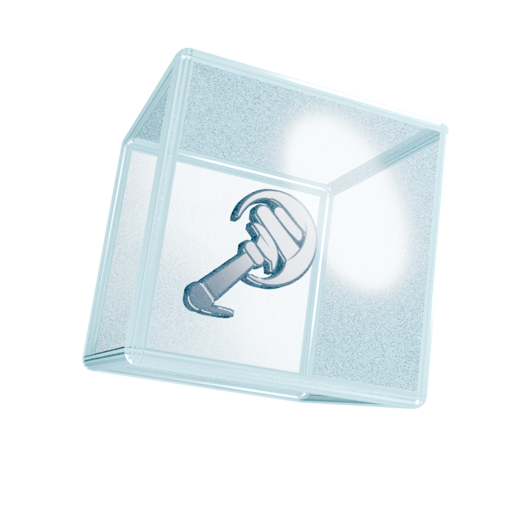 A transparent spatial cube containing the Ethics of AI emblem